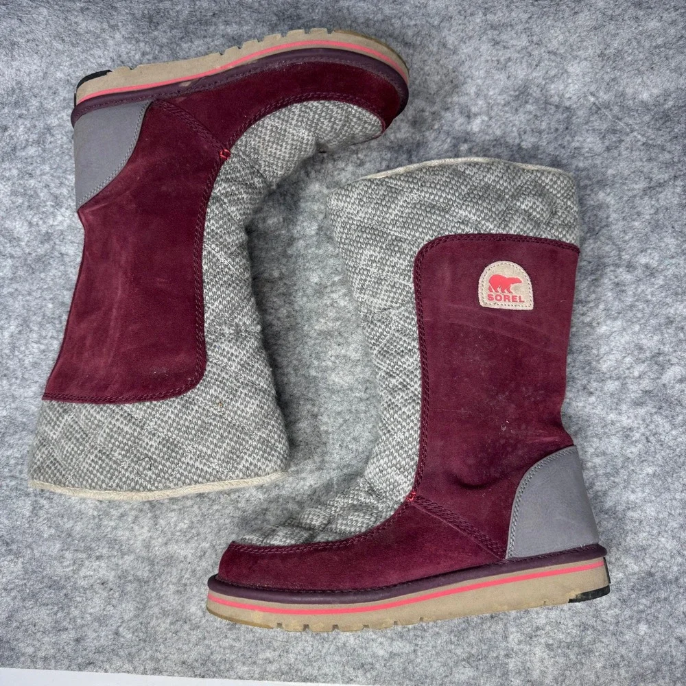 Sorel Campus Tall Boots Womens Sz 8.5 Quilted Suede Fleece Lined Burgundy Grey